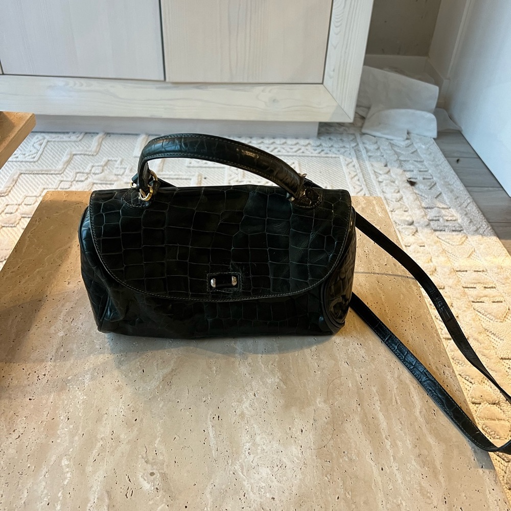 Furla vintage croc embossed dark green leather purse